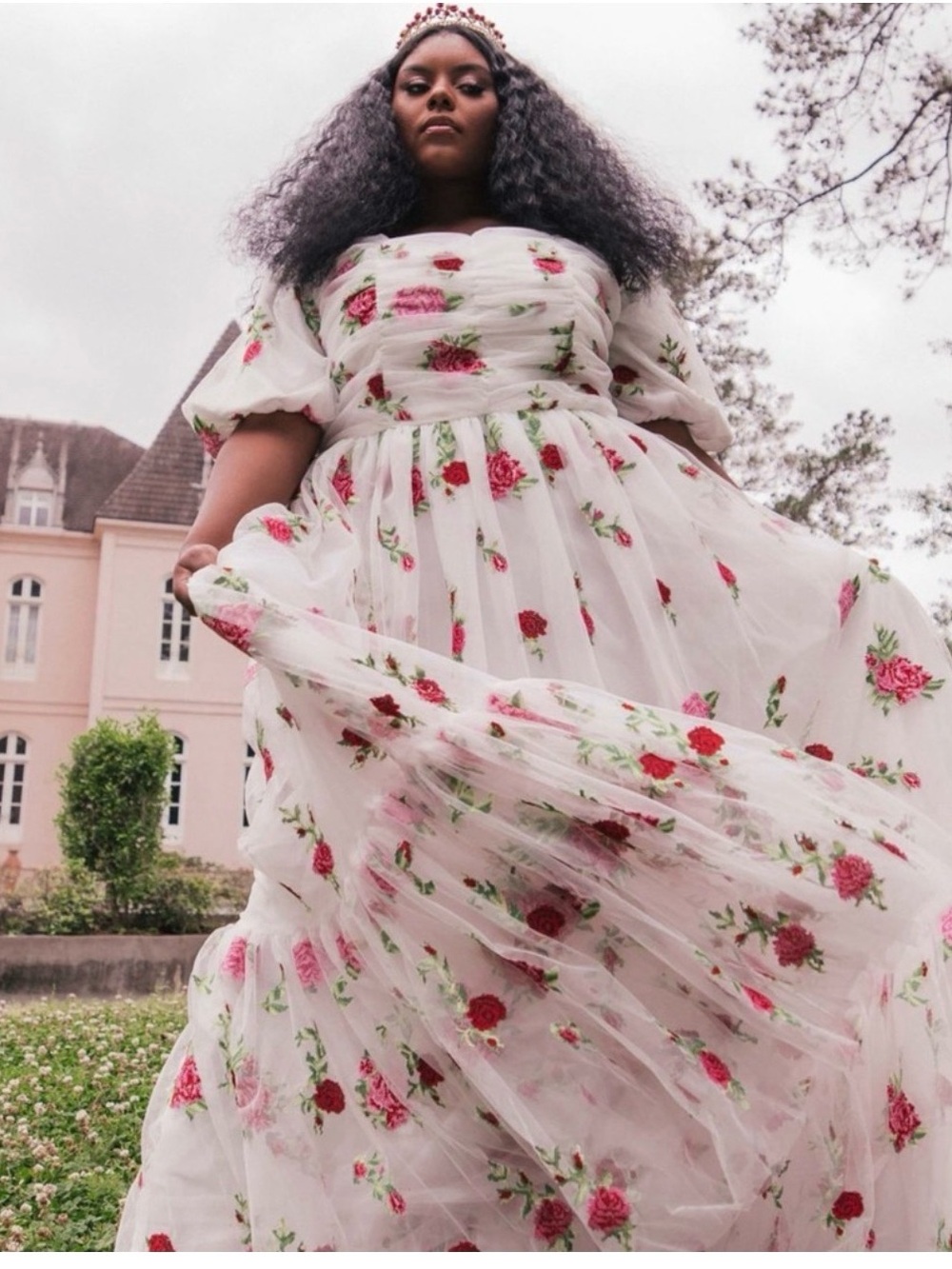 Jessakae Elizabeth dress
White Maxi Dress with Pink Rose Print